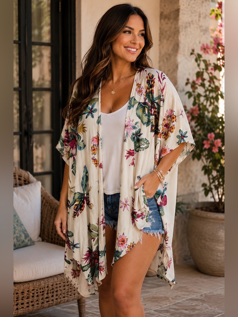 Japna Longline Floral Kimono Coverup OS Spring Summer Romantic Casual Viscose
